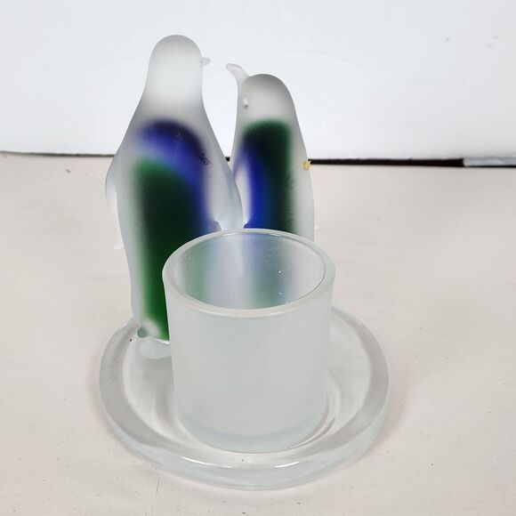 PartyLite Penguin Candle Holder P7196 Frosted Glass Votive Blue Green 5in - Picture 3 of 8